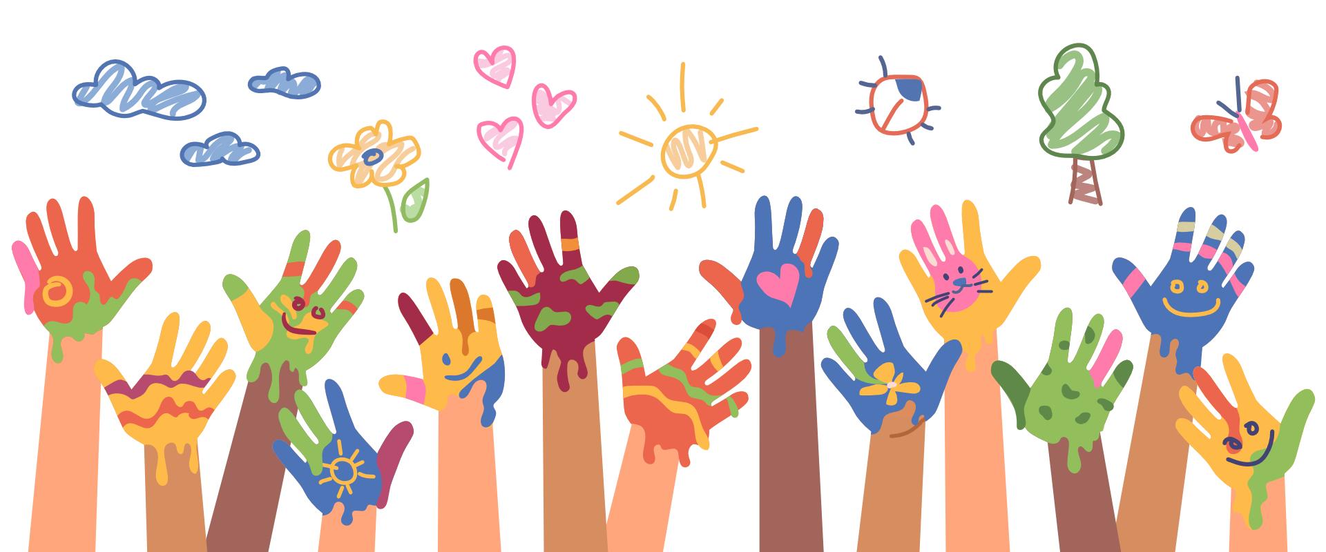 Children's hands covered in paint'