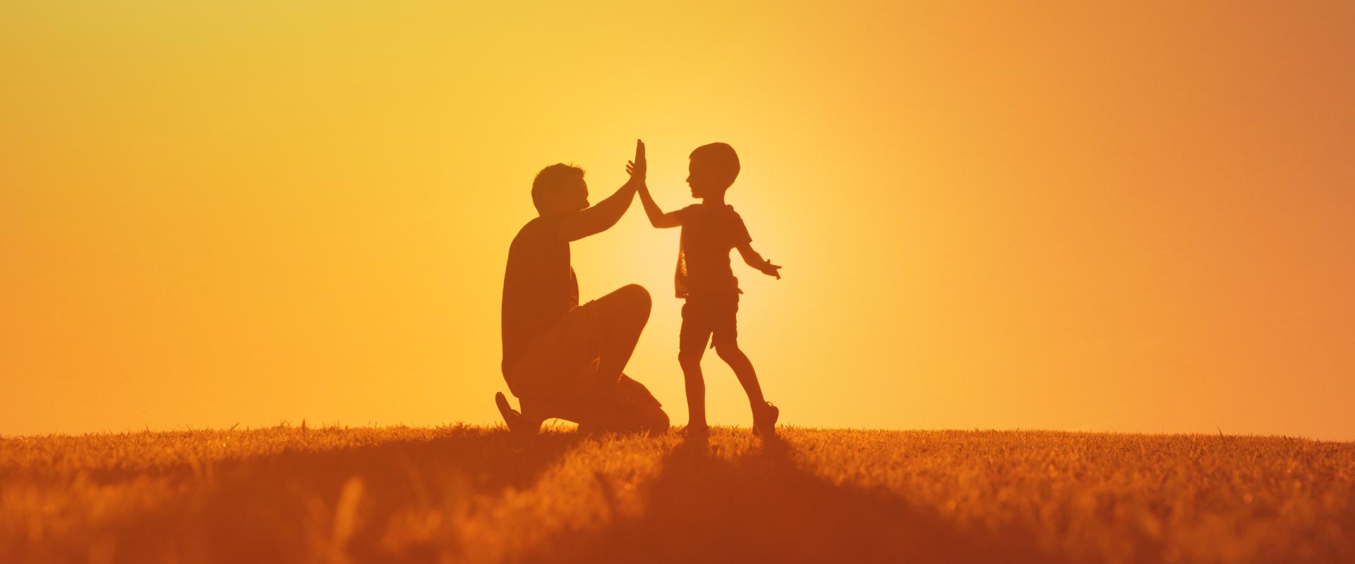 Dad high fiving his son in sunset